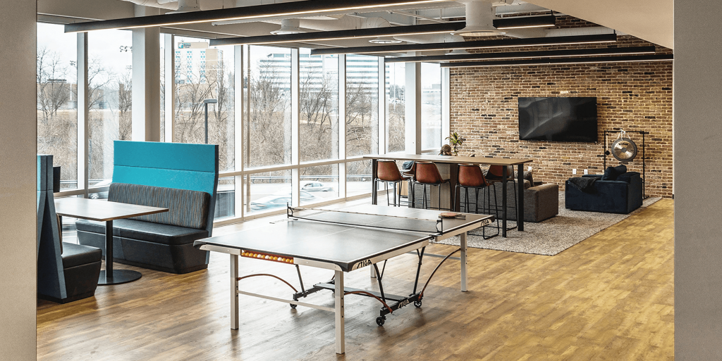 collaborative workspace with ping pong table and high-top table